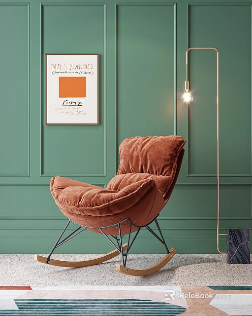 Orange Velvet Accent Chair with Metal Frame Against Green Wall and Floor Lamp 3d model 