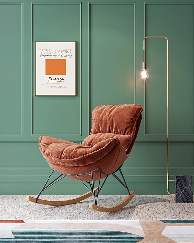 Orange Velvet Accent Chair with Metal Frame Against Green Wall and Floor Lamp 3d model