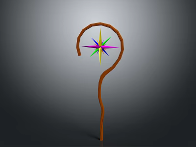 Unique Magical Wooden Staff With Curved Handle And Colorful Star Shaped Top Decoration 3d model