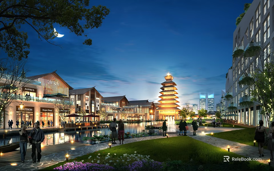 Vibrant Commercial Street Night View With Traditional Tower Modern Buildings Water Features Greenery And Pedestrians 3d model 