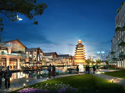 Vibrant Commercial Street Night View With Traditional Tower Modern Buildings Water Features Greenery And Pedestrians 3d model