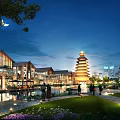 Vibrant Commercial Street Night View With Traditional Tower Modern Buildings Water Features Greenery And Pedestrians
