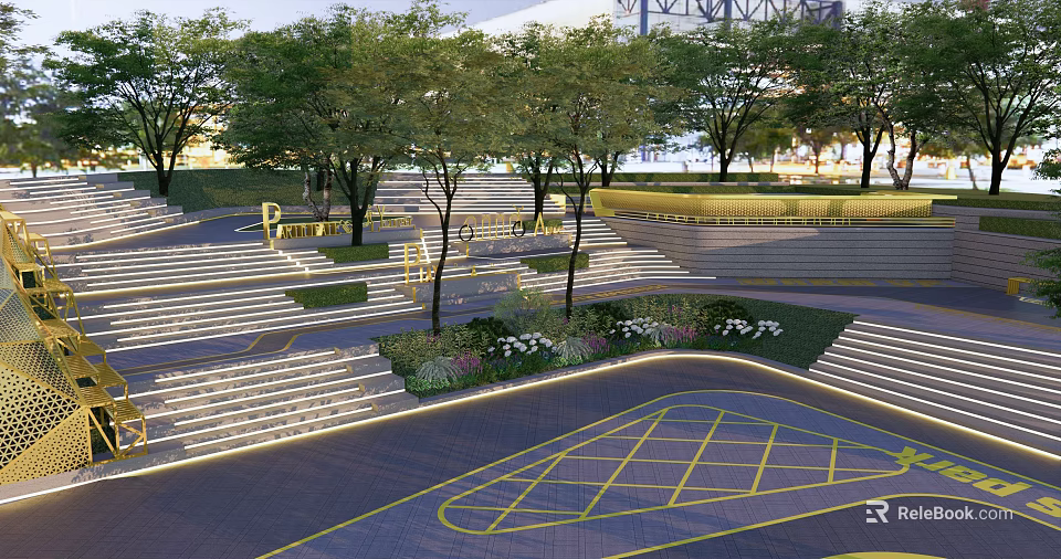 Modern Plaza Landscape Design With Tiered Steps Green Trees And Geometric Ground Pattern 3d model 