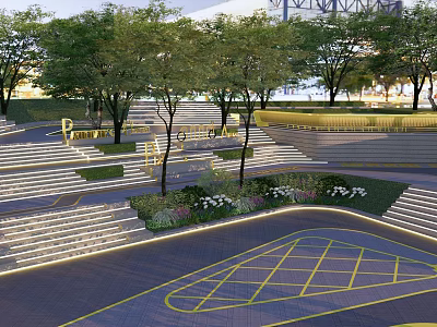 Modern Plaza Landscape Design With Tiered Steps Green Trees And Geometric Ground Pattern 3d model