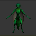 Green Insect With Wings Standing Pose Streamlined Body 3D Model On Gray Background