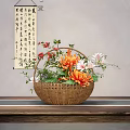 Traditional Wicker Basket Arrangement With Orange Chrysanthemums White Lilies Red Flowers And Green Leaves
