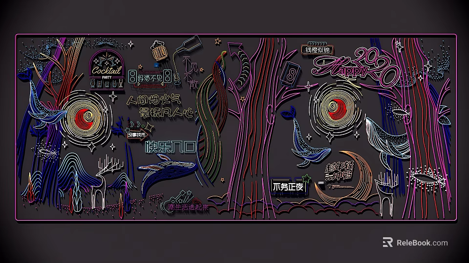 Colorful Artistic Decorative Lights Featuring Tree Moon Bird And Symbol Patterns 3d model 