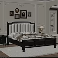 Elegant Double Bed with White Upholstered Headboard Dark Frame Nightstands Table Lamps and Decorative Paintings