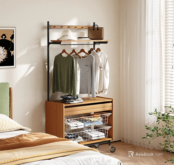 Cozy Bedroom Hanging Clothes Accessories On Garment Rack With Storage Cabinet And Baskets 3d model 