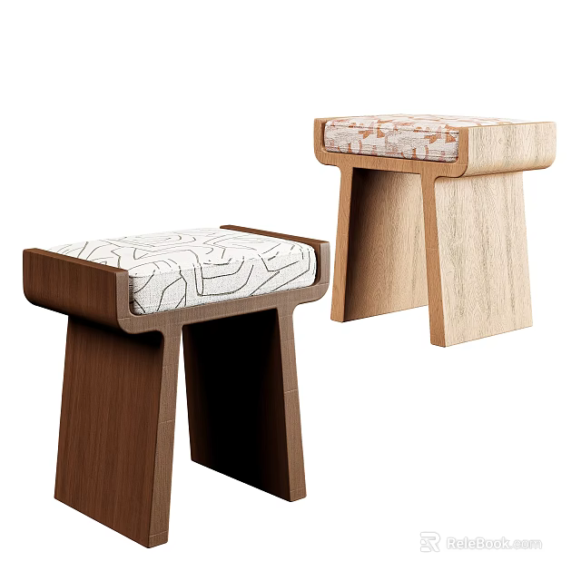 Modern Minimalist Solid Wood Upholstered Sofa Stools With Printed Fabric Cushion For Living Room Decor 3d model 