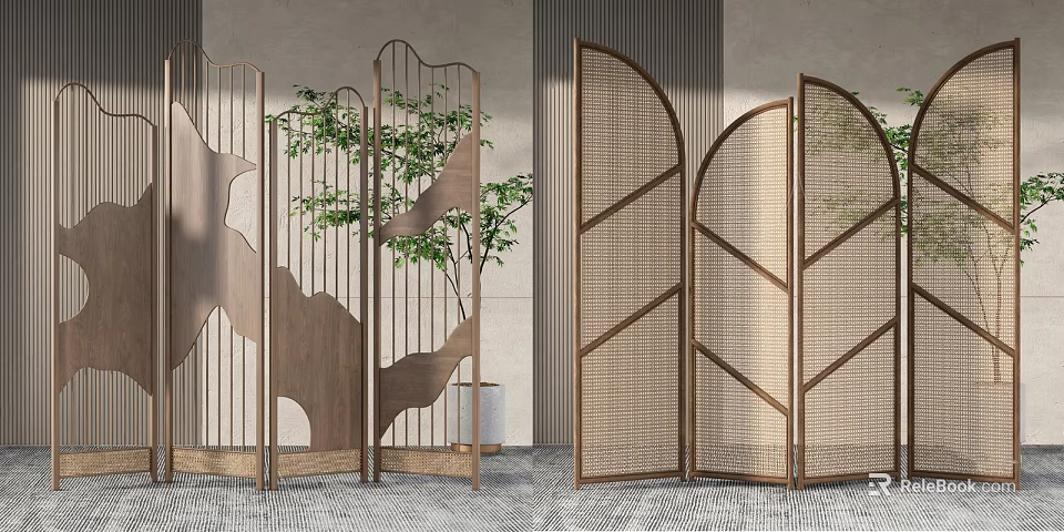 Garden Decorative Screens Featuring Metal Openwork Mountain Design And Rattan Curved Panels With Green Plants 3d model 