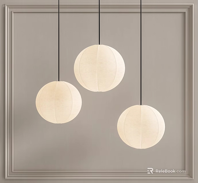 Minimalist Modern Round Paper Pendant Lights Hanging Against Gray Wall Interior 3d model 