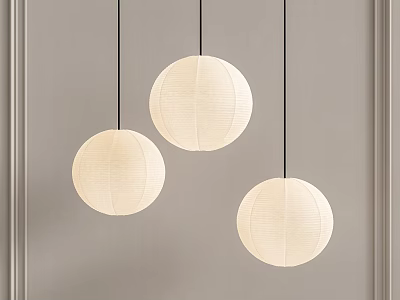 Minimalist Modern Round Paper Pendant Lights Hanging Against Gray Wall Interior 3d model