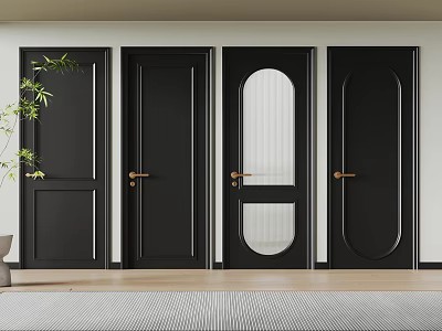 Black Hinged Doors With Golden Handles Round Glass Panel Modern Light Wall Wooden Floor 3d model