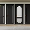 Black Hinged Doors With Golden Handles Round Glass Panel Modern Light Wall Wooden Floor