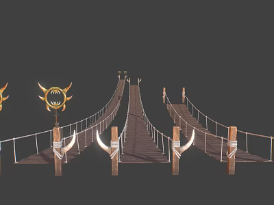 Wooden Plank Suspension Bridge With Ropes And Horn Shaped Decorative Pillars 3d model