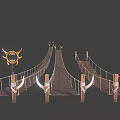 Wooden Plank Suspension Bridge With Ropes And Horn Shaped Decorative Pillars