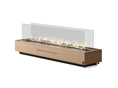 Modern Fireplace With Wooden Base Glass Panel And Flames For Interior Design 3d model