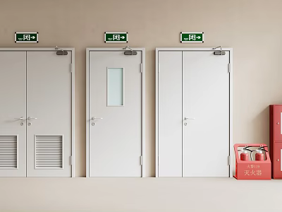White Fire Doors With Green Exit Signs And Red Fire Extinguisher Box 3d model