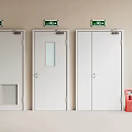 White Fire Doors With Green Exit Signs And Red Fire Extinguisher Box