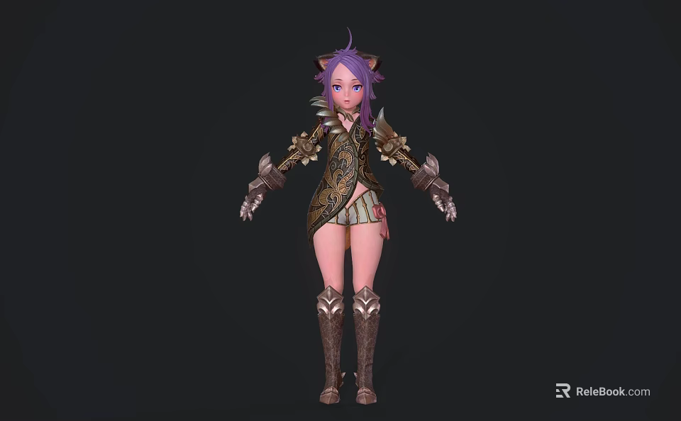 Game Movie Character With Purple Hair Cat Ears Armored Outfit Short Skirt Long Boots 3d model 