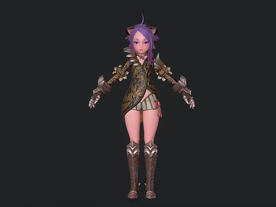 Game Movie Character With Purple Hair Cat Ears Armored Outfit Short Skirt Long Boots 3d model