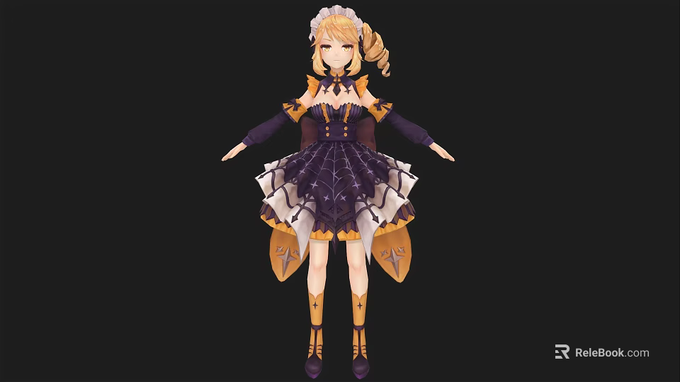 Woman With Blonde Hair Wearing Purple And Black Dress With Lace Skirt And Yellow Accents 3d model 