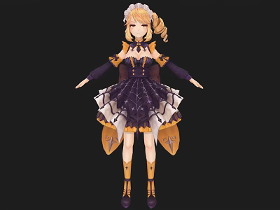 Woman With Blonde Hair Wearing Purple And Black Dress With Lace Skirt And Yellow Accents 3d model