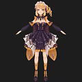 Woman With Blonde Hair Wearing Purple And Black Dress With Lace Skirt And Yellow Accents
