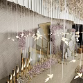 Elegant Banquet Hall Decor With Hanging Chandeliers Floral Arrangements And Gold Accents