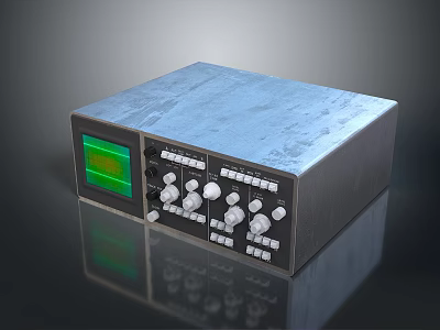 Vintage Electronic Control Device With Green Screen And White Knobs On Blue Panel 3d model
