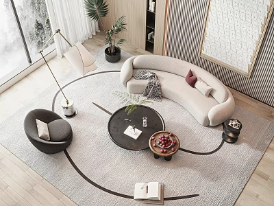 Modern Curved Sofa And Round Coffee Table Set With Gray Rug Accent Chair And Decorative Items 3d model