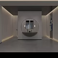 Modern Public Restroom Interior Design With Circular Mirror Washbasin And Ambient Lighting
