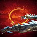 Mythical Flying Dragon With White Mane And Black Scales On Red Cloudy Background