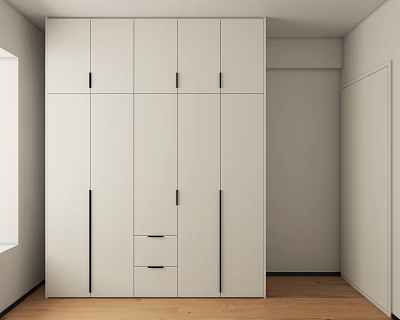 Modern Minimalist White Wardrobe With Multiple Doors Drawers And Wooden Floor Interior Design 3d model