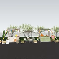 Outdoor Market Stalls With Colorful Bunting Umbrella Tables Chairs Trees And Grass