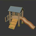 Colorful Wooden Children's Playhouse With Blue Roof Yellow Steps And Orange Slide