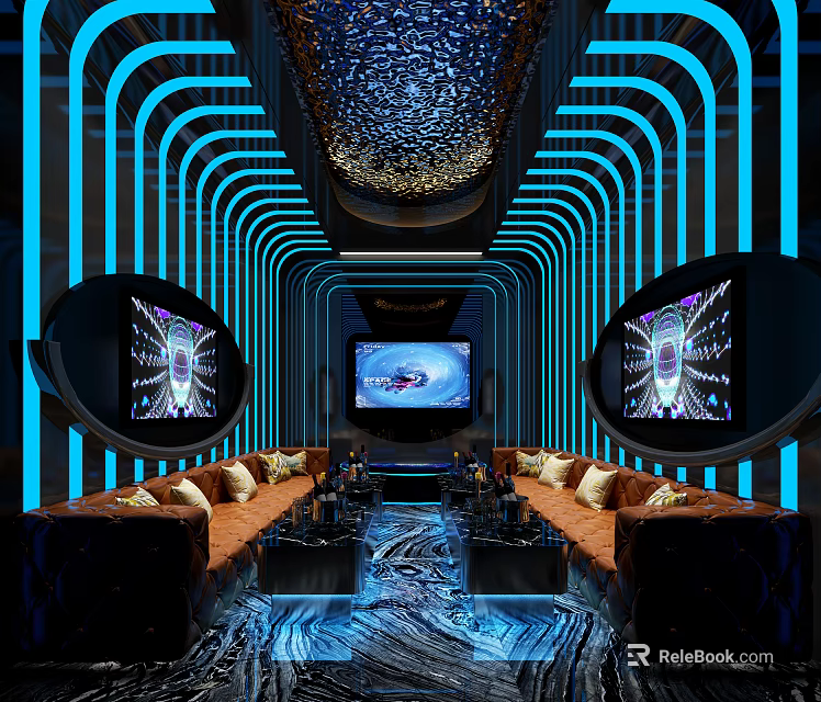 KTV Interior Featuring Blue Lighting Arched Lines Starry Ceiling Circular Screens Central TV Sofa Seating 3d model 