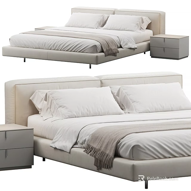 Modern Upholstered Double Bed With White Linens Pillows Throw Blanket And Nightstand 3d model 