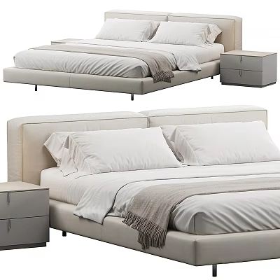 Modern Upholstered Double Bed With White Linens Pillows Throw Blanket And Nightstand 3d model