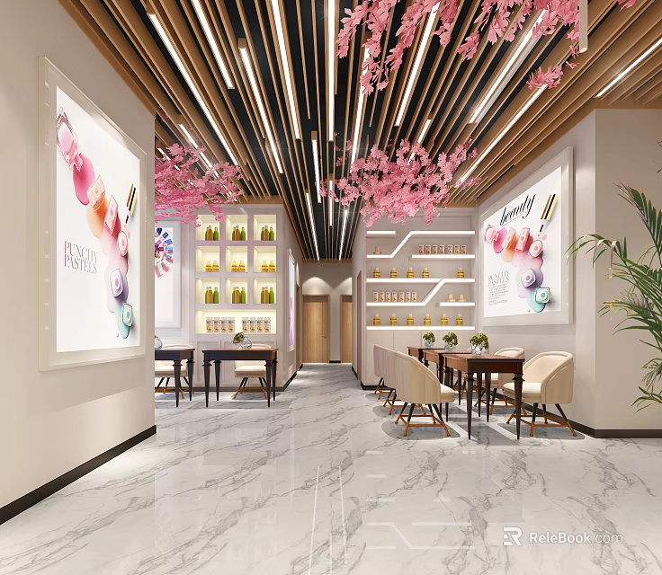 Elegant Modern Beauty Salon Interior With Pink Cherry Blossom Decor Skincare Shelves And Styling Tables 3d model 