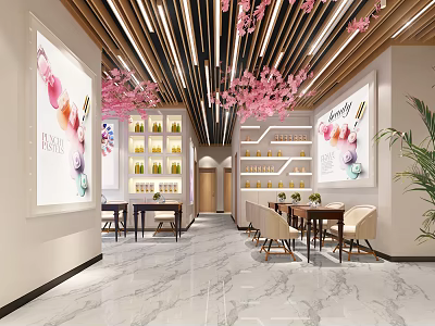 Elegant Modern Beauty Salon Interior With Pink Cherry Blossom Decor Skincare Shelves And Styling Tables 3d model