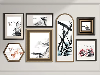 Chinese Traditional Wall Art Paintings With Diverse Frame Shapes And Floral Designs 3d model
