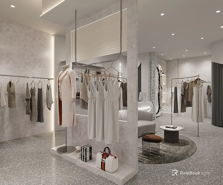 Modern Clothing Store Interior With Hanging Clothes Mirror Display Racks And Handbags 3d model 