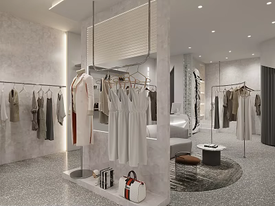 Modern Clothing Store Interior With Hanging Clothes Mirror Display Racks And Handbags 3d model