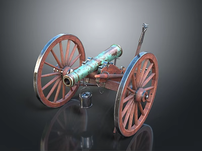 Antique Weapon Cannon With Large Wooden Wheels And Brass Barrel Historical Design 3d model