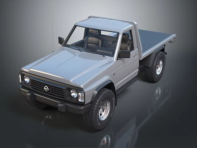Silver Single Cab Pickup Truck With Open Bed And Front Grille Design Wheels 3d model
