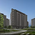 Modern High Rise Residential Building with Green Landscaping and Pedestrian Area