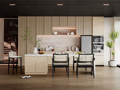Modern Restaurant Open Kitchen Design With Island Counter Cabinets And Dining Chairs 3d model