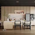Modern Restaurant Open Kitchen Design With Island Counter Cabinets And Dining Chairs